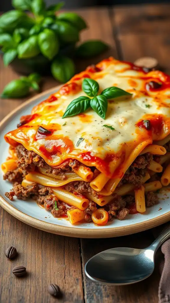 a hearty beef and pasta bake with layers of cheese and basil, served in a rustic dish.
