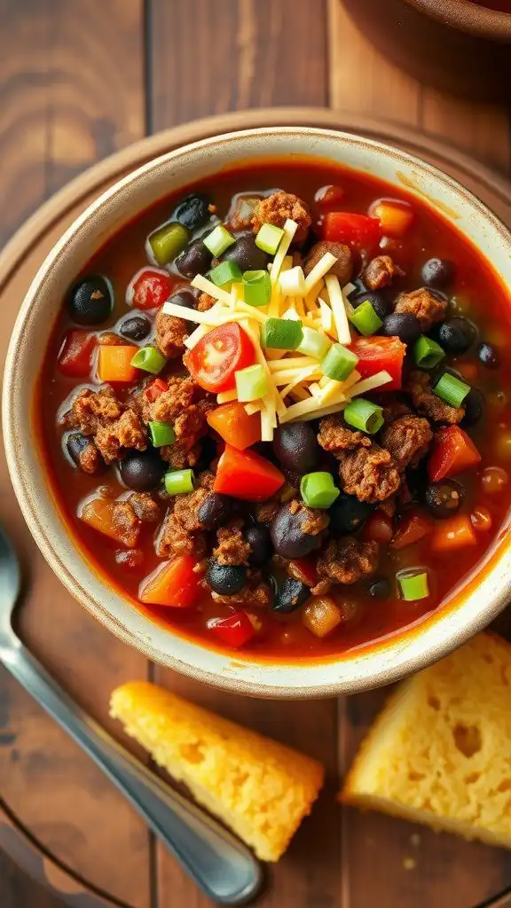 a vibrant bowl of ground beef chili with beans and peppers, garnished with cheese and green onions, alongside cornbread.