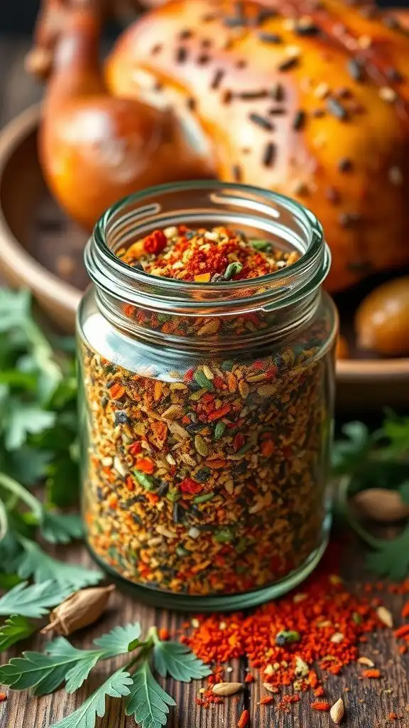 a jar of homemade rotisserie chicken seasoning with herbs and spices, next to a beautifully roasted chicken.