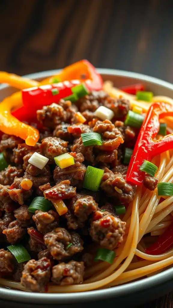 asian inspired ground beef and pepper noodle bowl