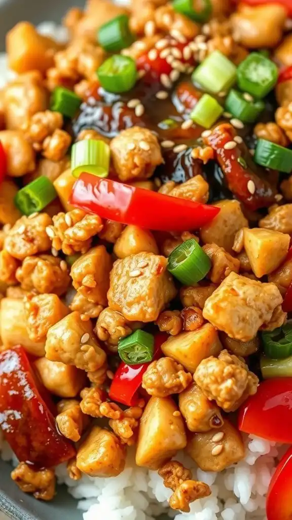 a delicious asian ground chicken bowl topped with green onions and sesame seeds, served over rice.