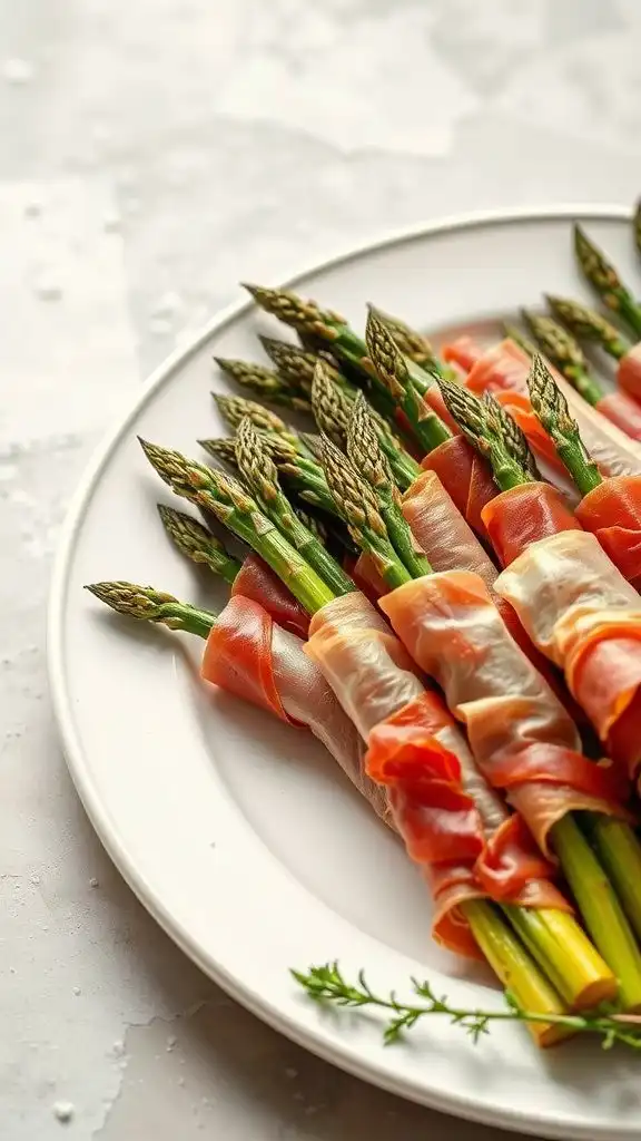 delicious asparagus wrapped in prosciutto on a plate.