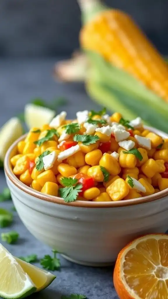 A vibrant bowl of Mexican Street Corn Salad with fresh corn, bell pepper, cilantro, and cheese
