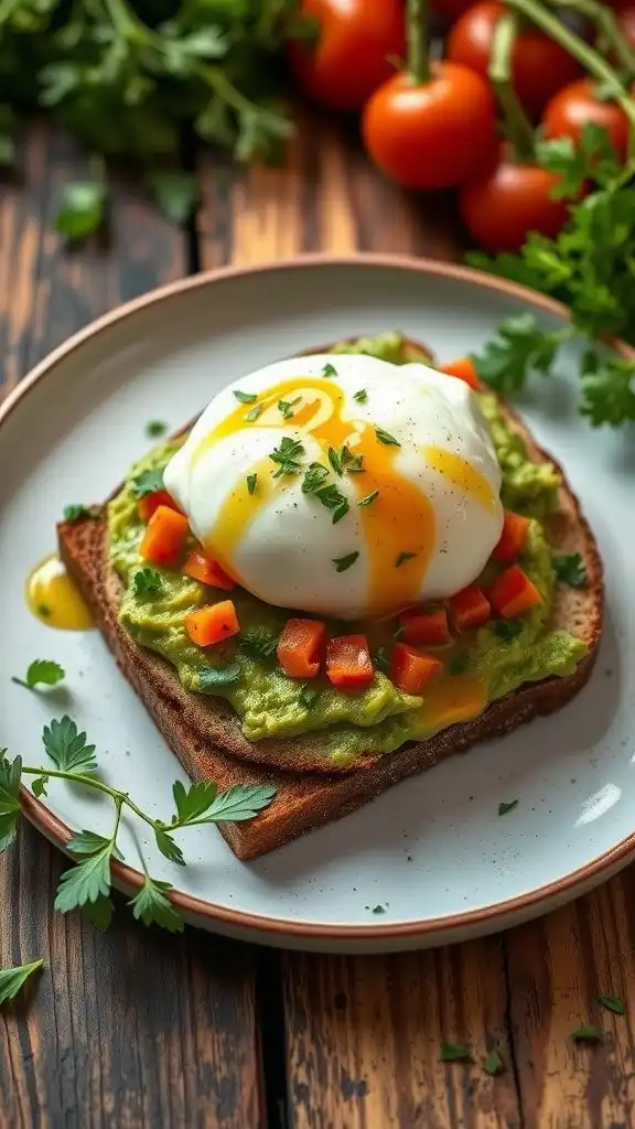 avocado toast with poached egg and garlic vinaigre