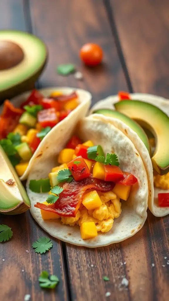 Bacon and egg breakfast tacos with fresh toppings in soft tortillas
