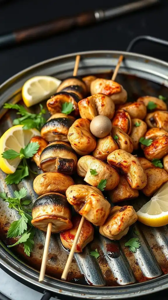 balsamic glazed mushroom and chicken skewers