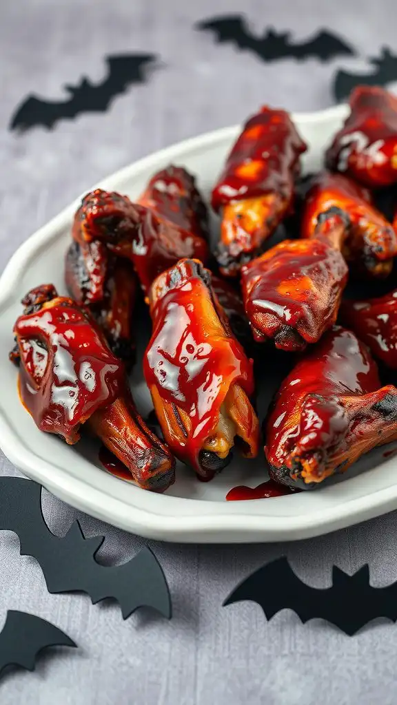 a delicious platter of bbq chicken wings, styled for halloween.