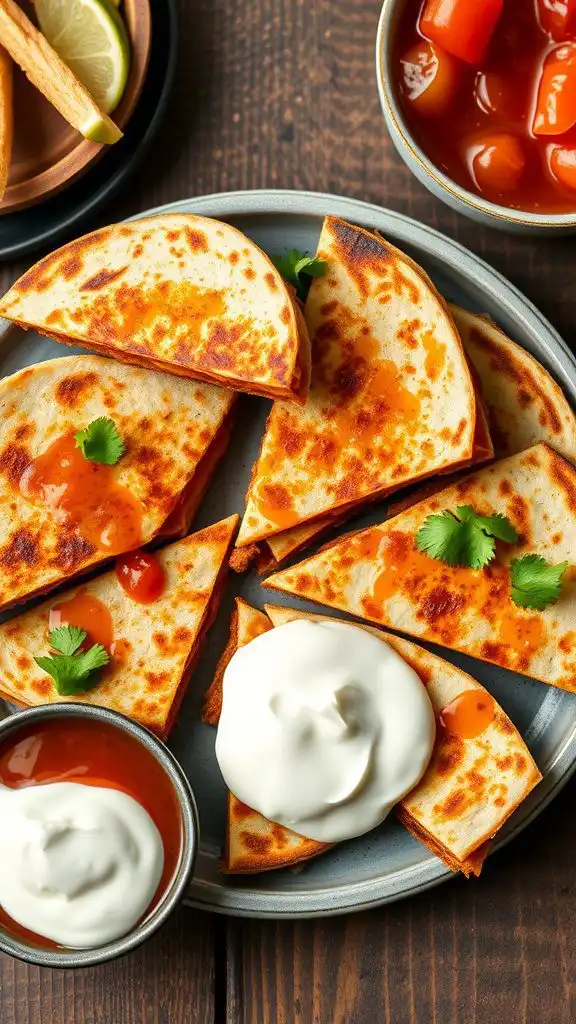 Delicious BBQ Chicken Quesadillas served on a plate with dipping sauces.