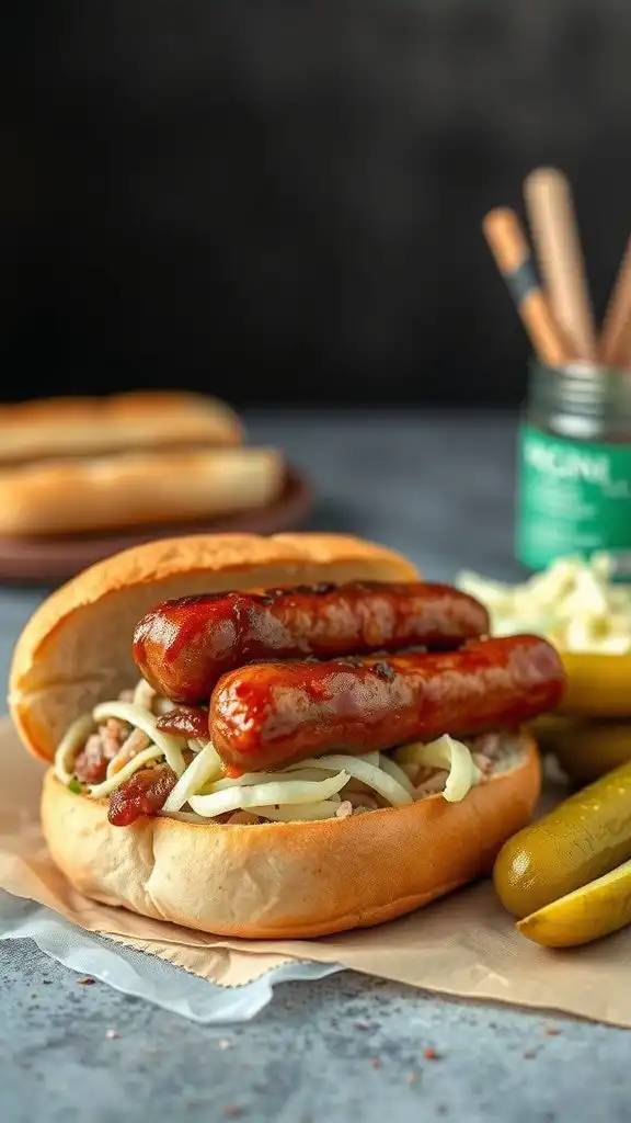 bbq kielbasa sandwiches with coleslaw and pickles