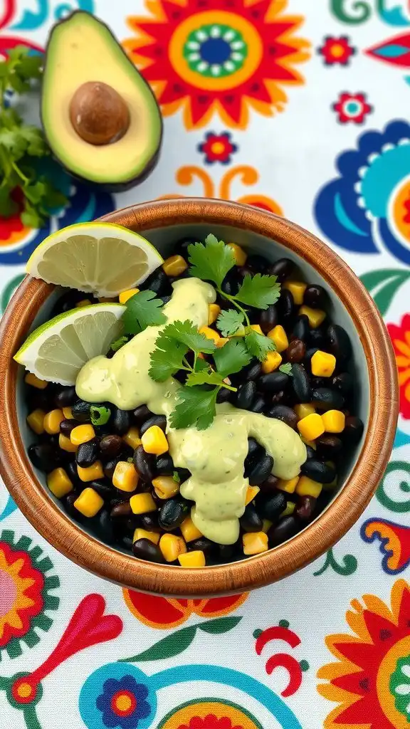 a colorful black bean and corn salad topped with avocado lime dressing and garnished with cilantro and lime wedges.