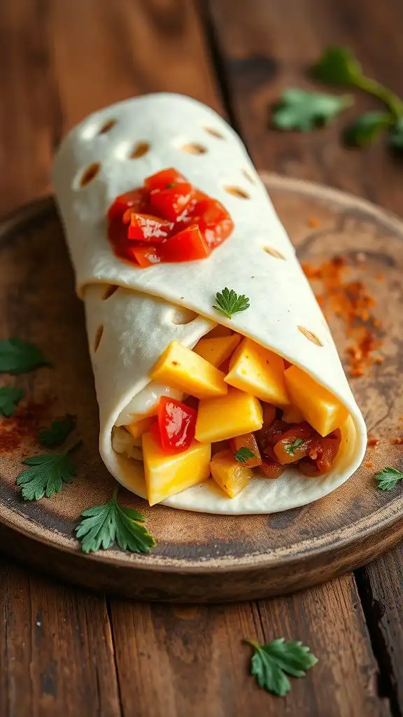 a delicious breakfast burrito filled with cheese, vegetables, and topped with fresh salsa.