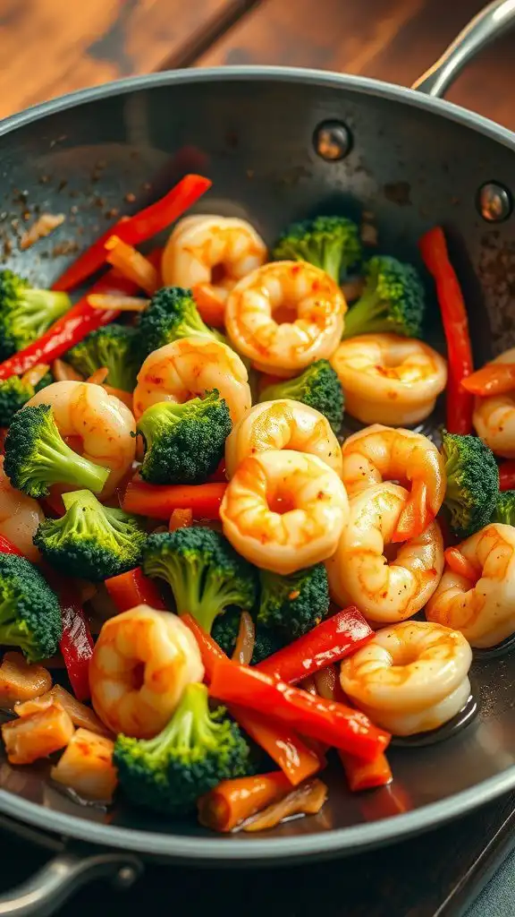 a colorful broccoli and shrimp stir fry with bell peppers in a pan.