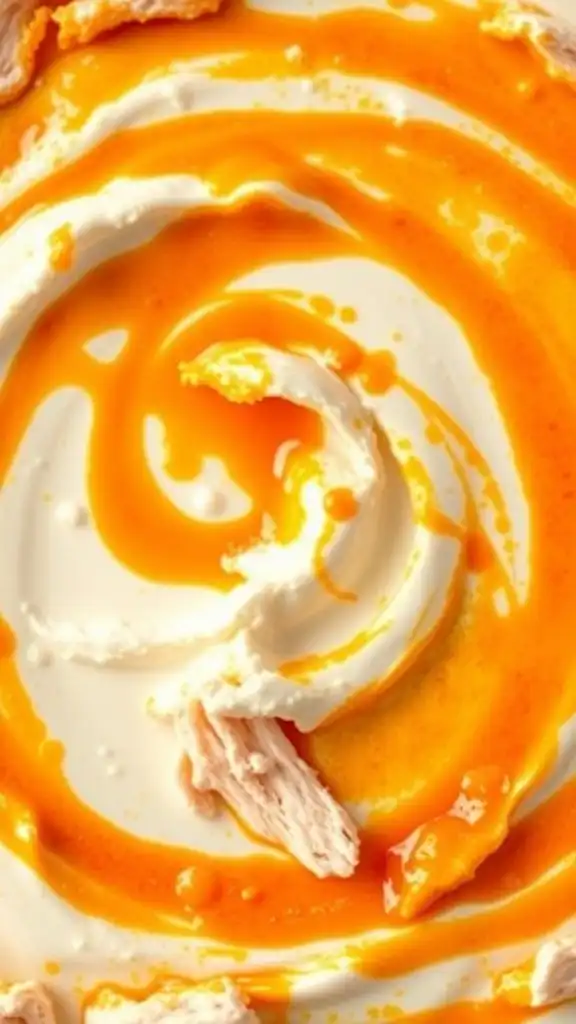 a creamy buffalo chicken dip with swirls of orange sauce