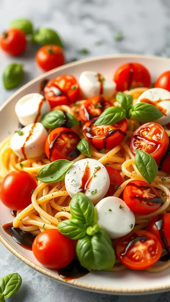 a vibrant caprese pasta salad with cherry tomatoes, mozzarella, and fresh basil, drizzled with balsamic glaze.