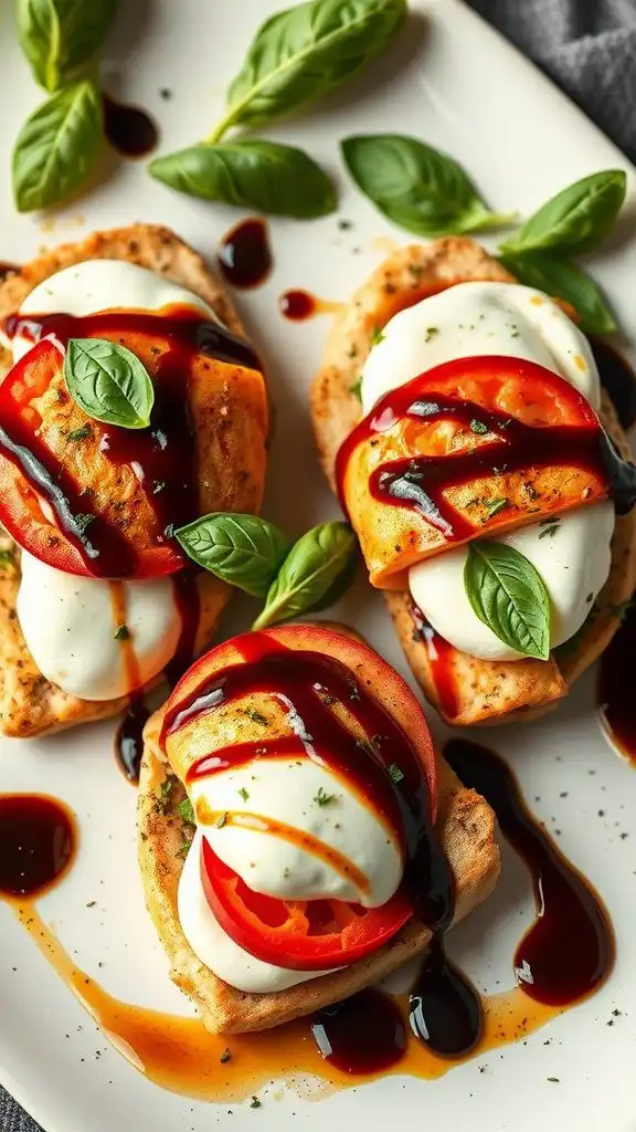 Delicious Caprese stuffed chicken breasts topped with mozzarella, tomatoes, and basil