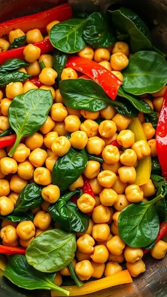 chickpea and spinach stir fry in a skillet