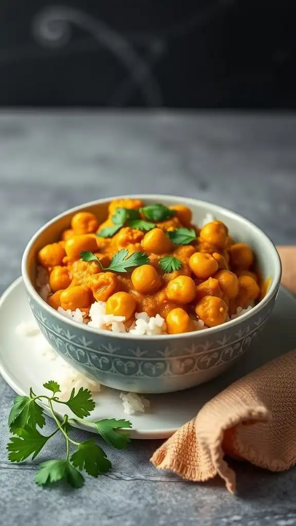 Chickpea curry served over rice with fresh cilantro on top.