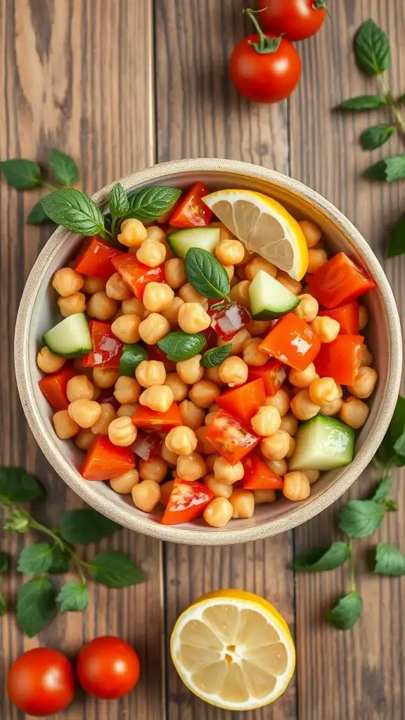 Chickpea salad with fresh vegetables and lemon dressing in a bowl