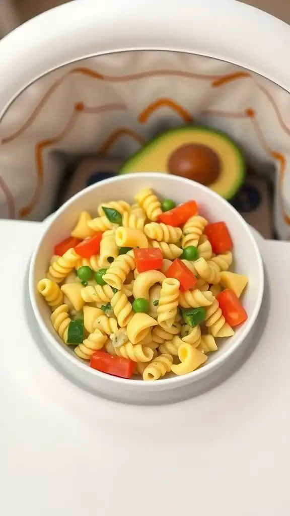 A bowl of creamy avocado pasta with colorful veggies, perfect for toddlers.