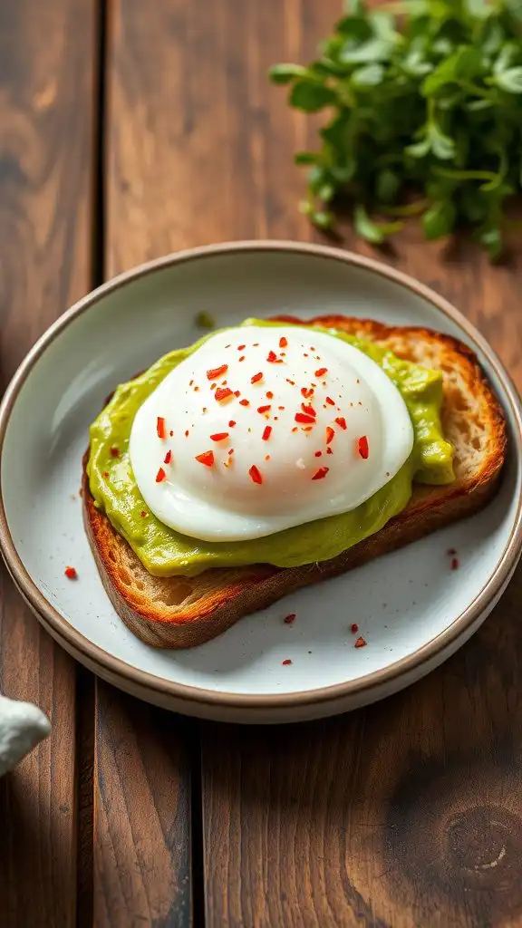 creamy avocado toast topped with a poached egg and red pepper flakes on a wooden table.