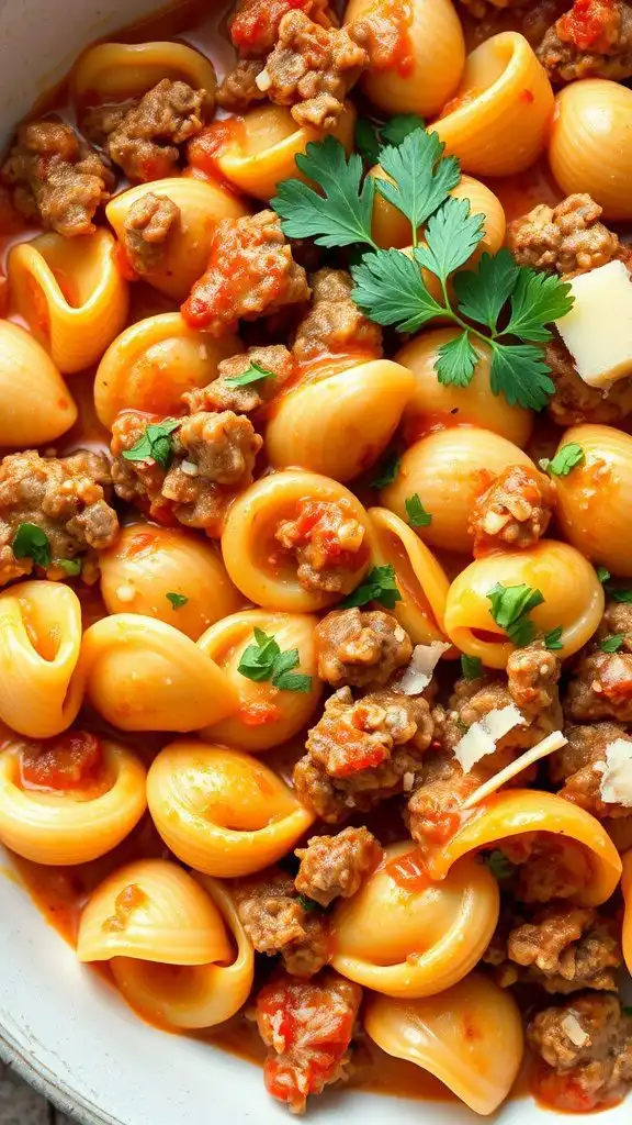 creamy beef and shells dish with pasta and ground beef.