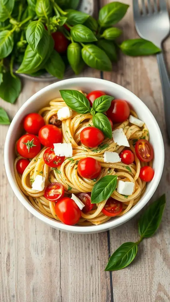creamy pesto pasta salad with cherry tomatoes and