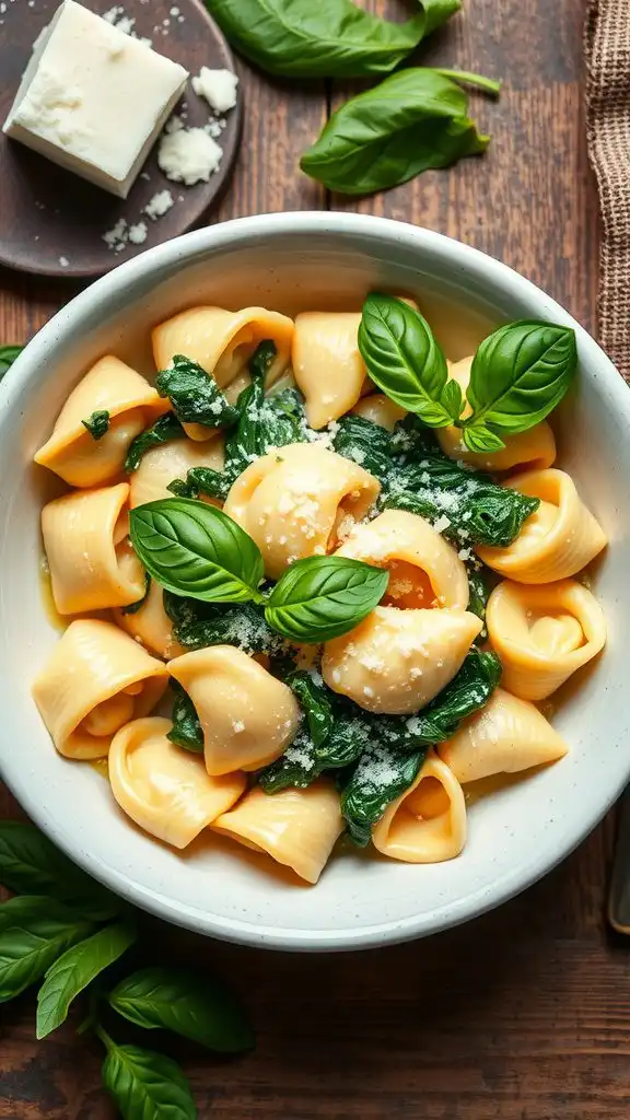 A bowl of creamy spinach and cheese tortellini garnished with basil leaves.