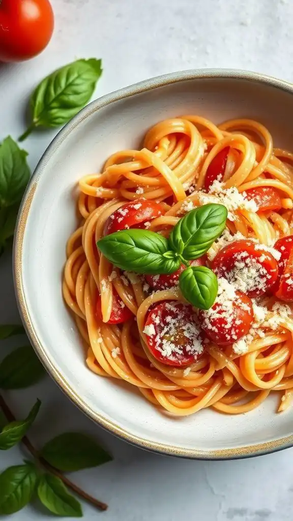 A bowl of creamy tomato basil pasta garnished with fresh basil and cherry tomatoes