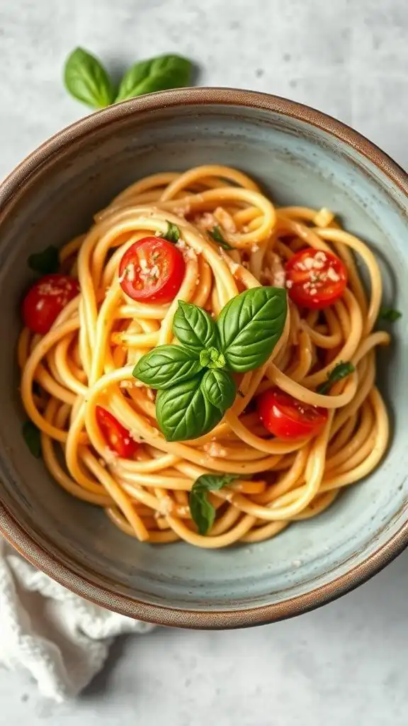 A delicious bowl of creamy tomato basil pasta topped with fresh basil leaves.