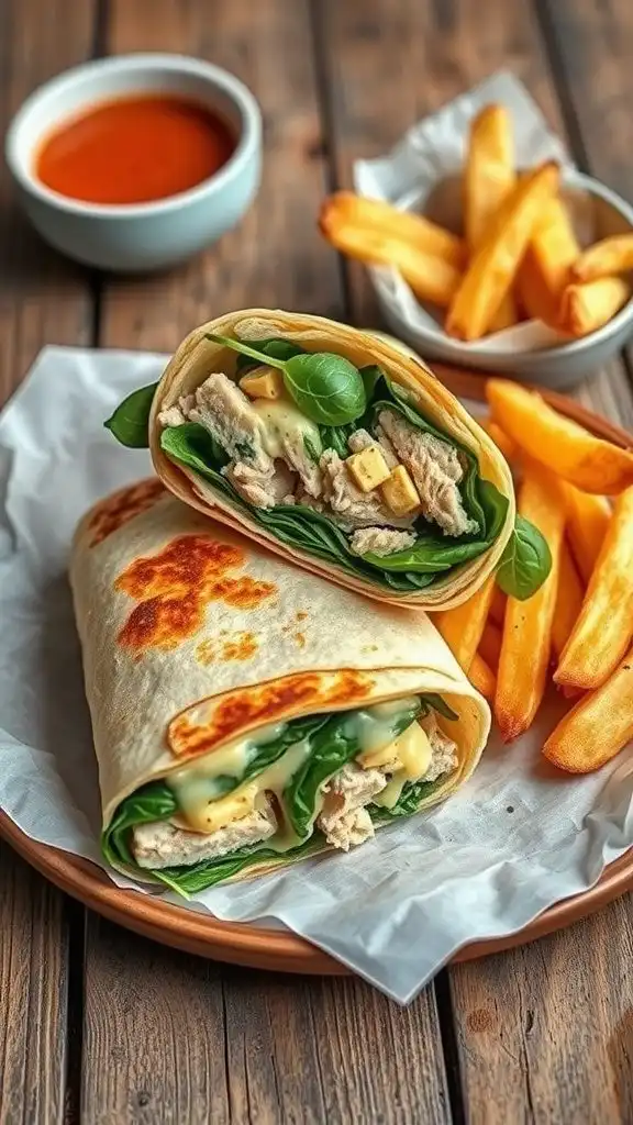 delicious tuna melt wrap with fresh spinach and me