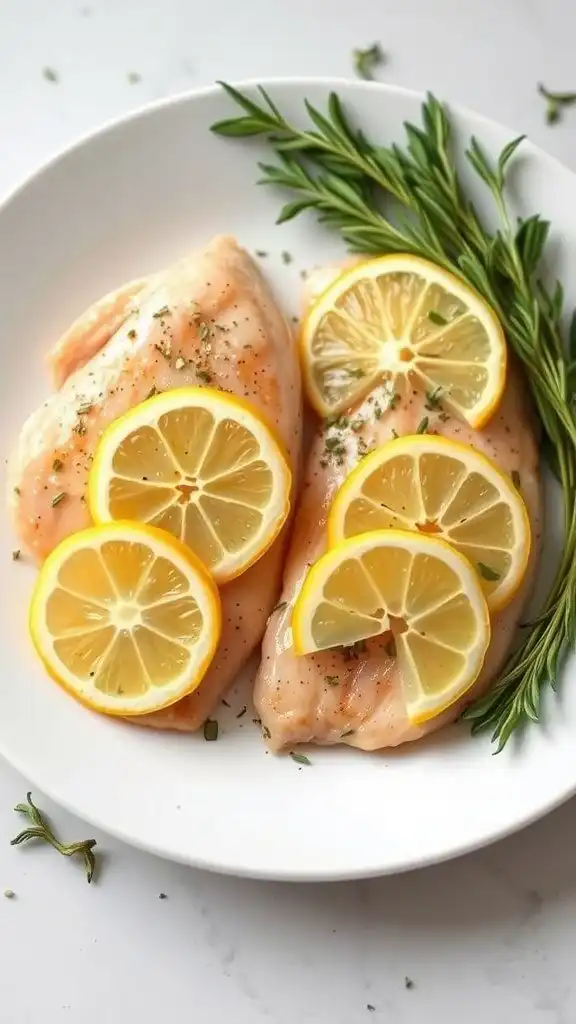 plate of lemon chicken with fresh lemon slices and herbs