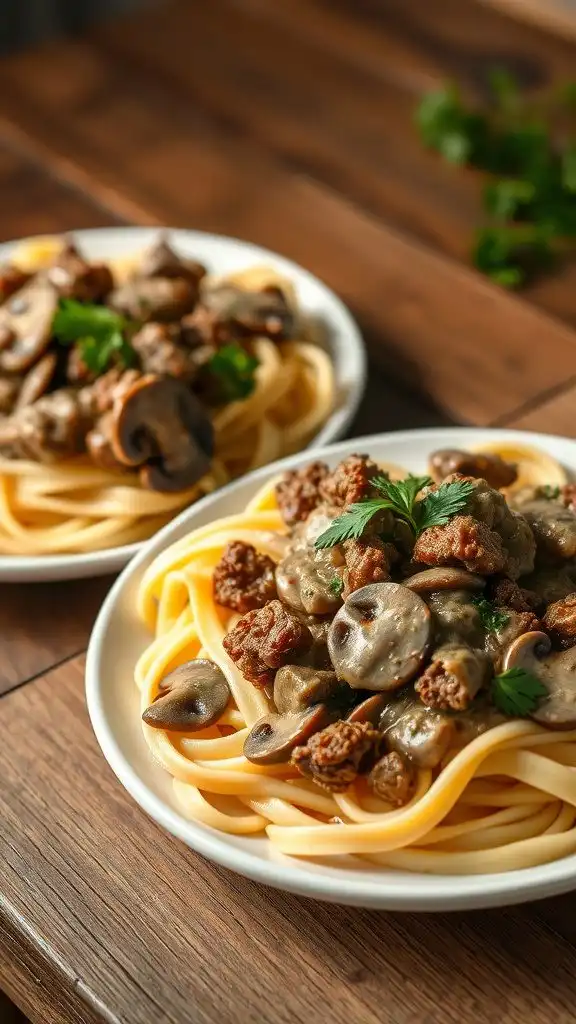 a plate of ground beef stroganoff with mushrooms over egg noodles, garnished with parsley.