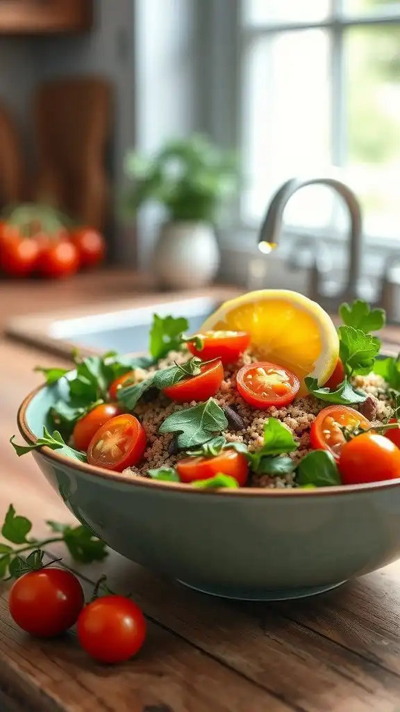 express quinoa salad with arugula and cherry tomat