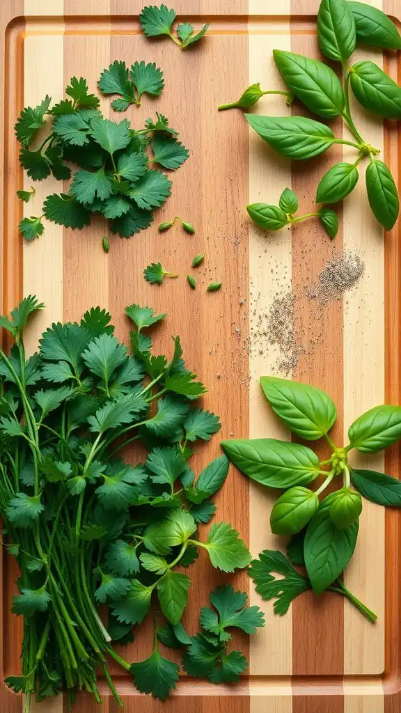 fresh herbs on a wooden cutting board.