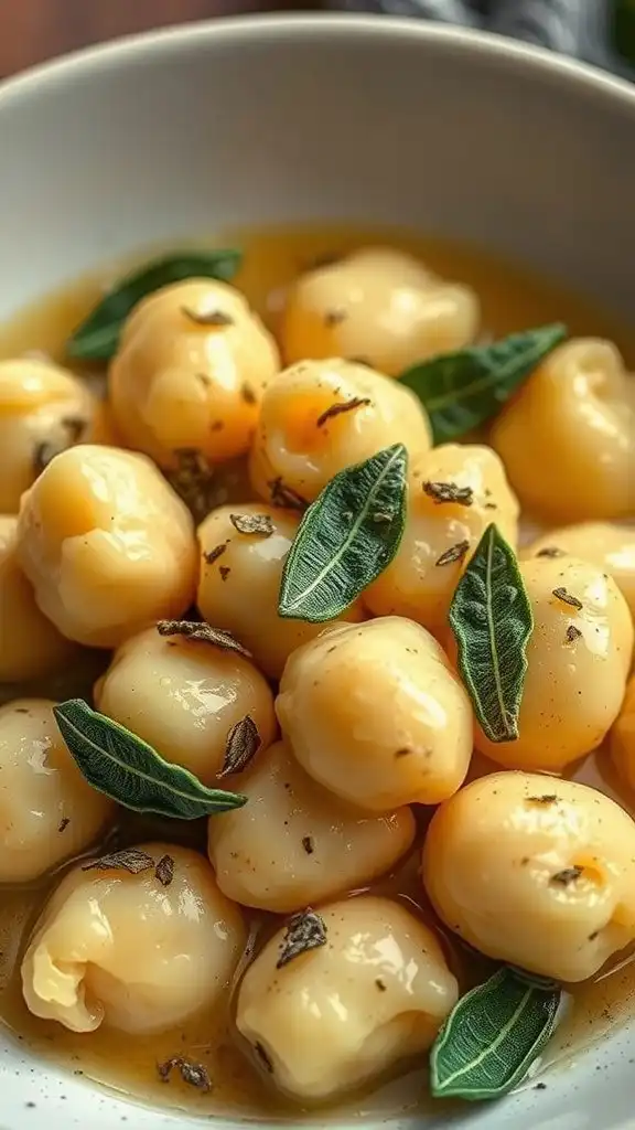A bowl of gnocchi topped with brown butter sauce and sage leaves.