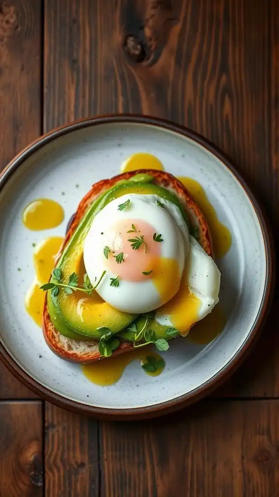 gourmet avocado toast with poached egg and lime in