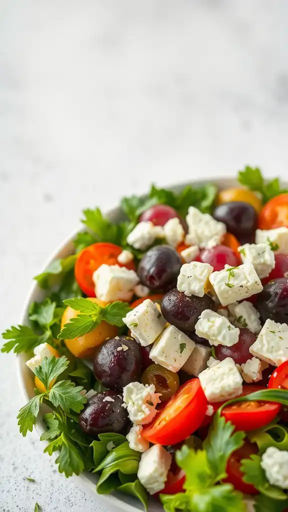 a vibrant greek salad with olives and feta.
