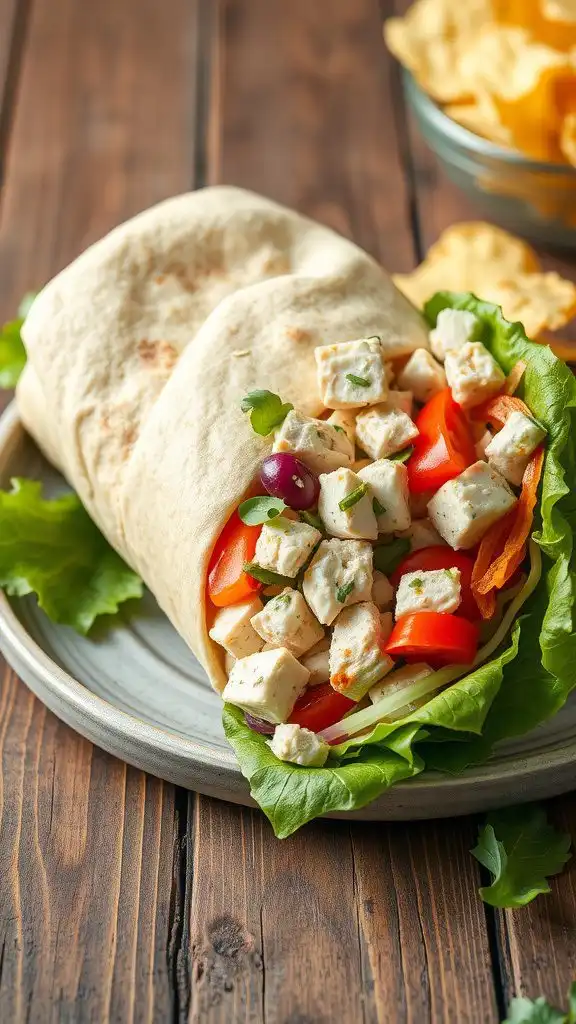 greek yogurt chicken salad wrap with crisp lettuce and colorful vegetables.