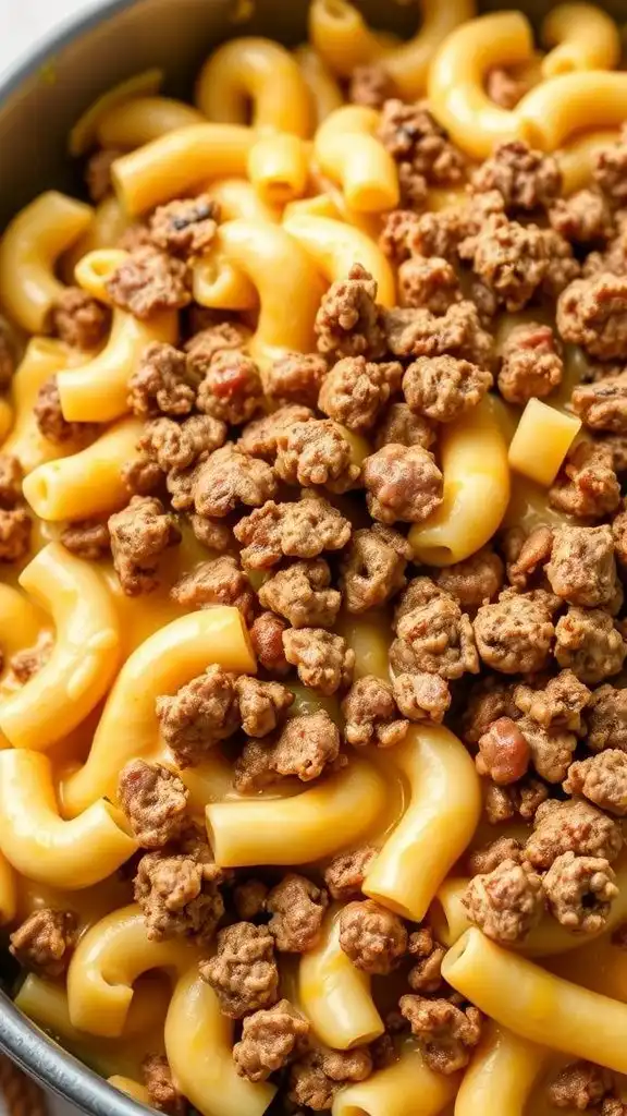 a delicious serving of ground beef and macaroni in a creamy cheese sauce.