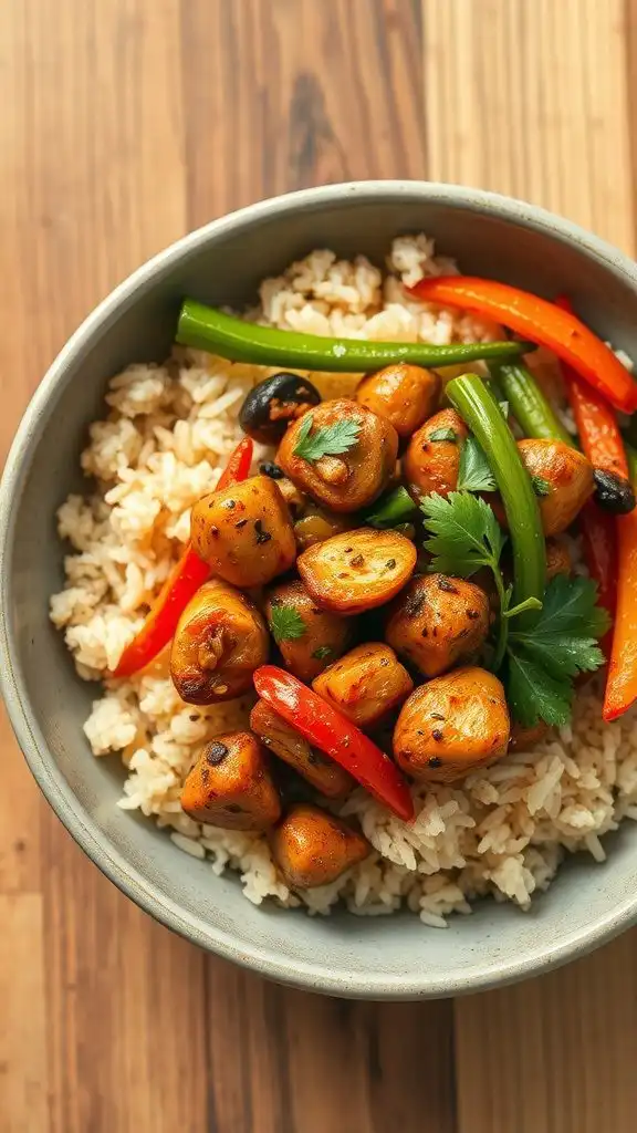 a bowl of brown rice topped with black pepper chicken and colorful vegetables.