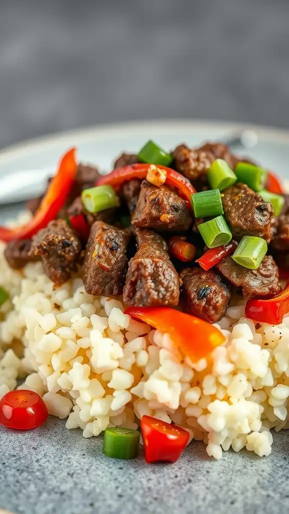 high protein ground beef cauliflower rice bowl