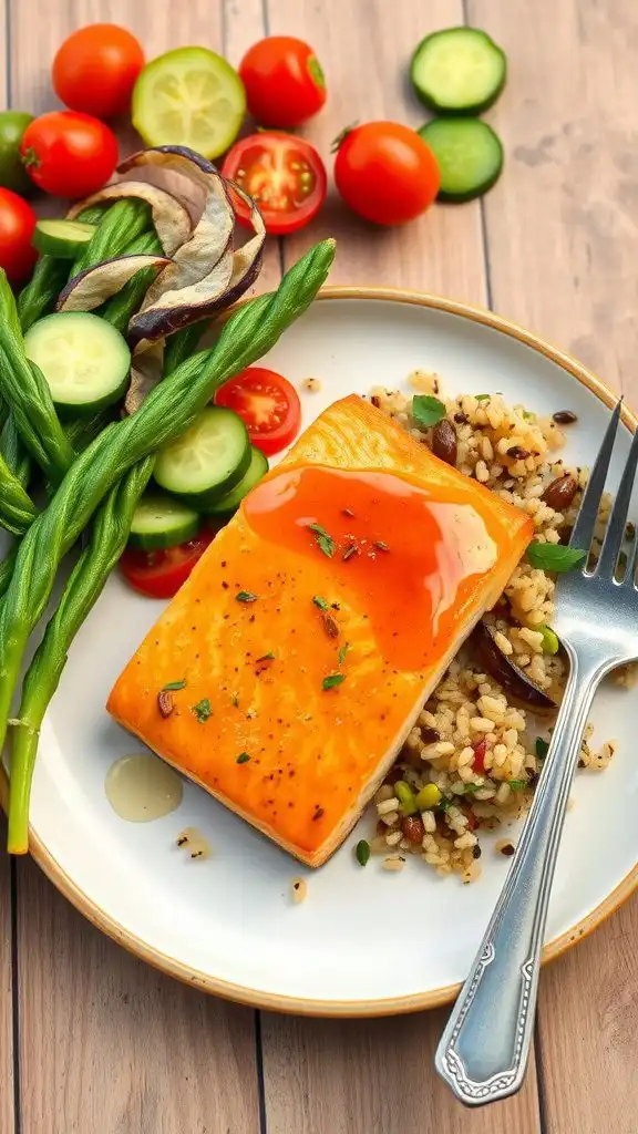 a plate of honey glazed salmon served with quinoa salad and colorful vegetables.