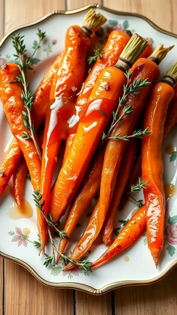 honey glazed carrots served on a decorative plate with fresh herbs.