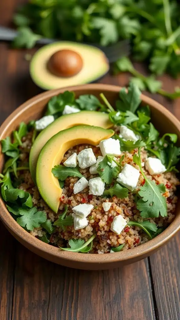 instant quinoa arugula salad with avocado and fet