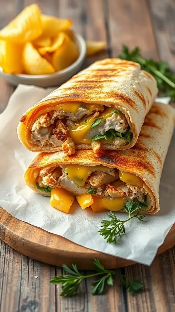 a delicious instant tuna melt wrap with cheddar cheese and vegetables.