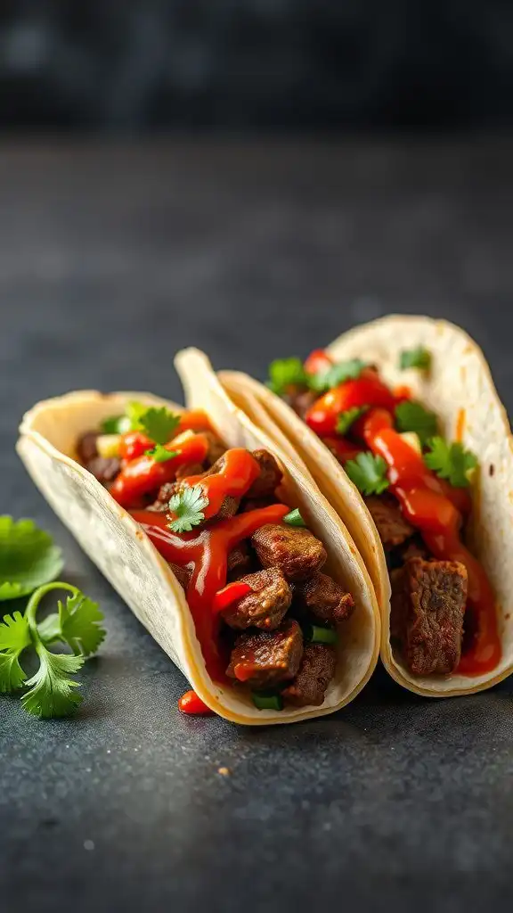 Korean Beef Bulgogi Tacos with cilantro and sauce.