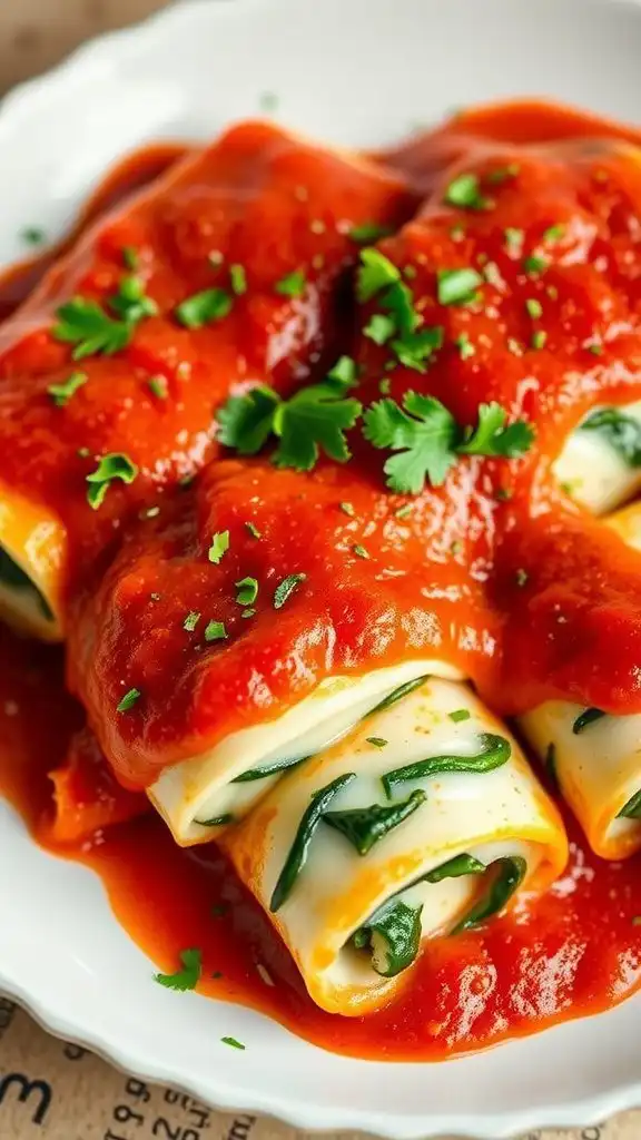 a plate of lasagna roll ups covered in marinara sauce and garnished with parsley.