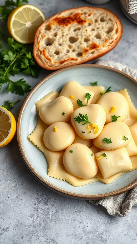 A plate of Lemon Garlic Butter Ravioli garnished with parsley