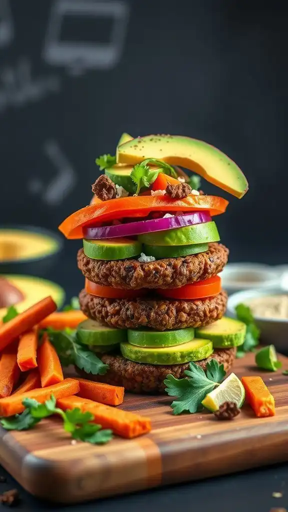 a stack of colorful lentil burgers with fresh vegetables and avocado slices.