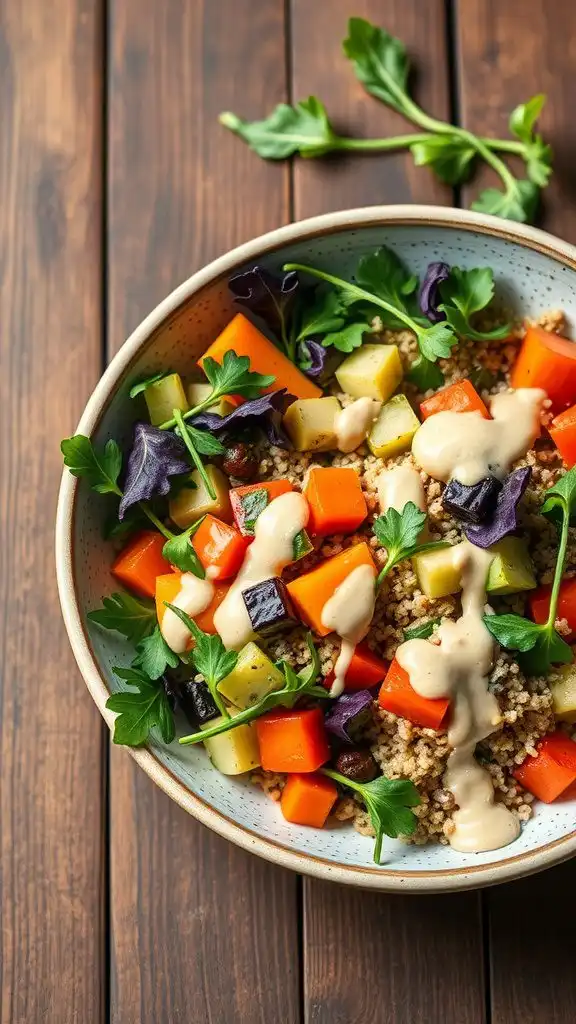 light quinoa arugula dinner bowl with lemon tahin